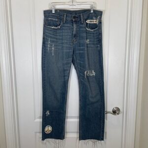 Levis 559 Relaxed Straight Upcycled Jeans Distressed Blue Patches W34 L32‎